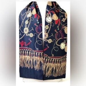 Blue Clock Chain Tassels Allover Print Double Layer Jersey Scarf